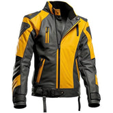 Men's Mustard and Charcoal Black Sheepskin Biker Real Leather Jacket